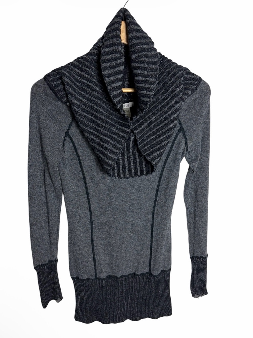 Y2K Cache gray two tone ribbed large fold over collar long sleeve tunic sweater